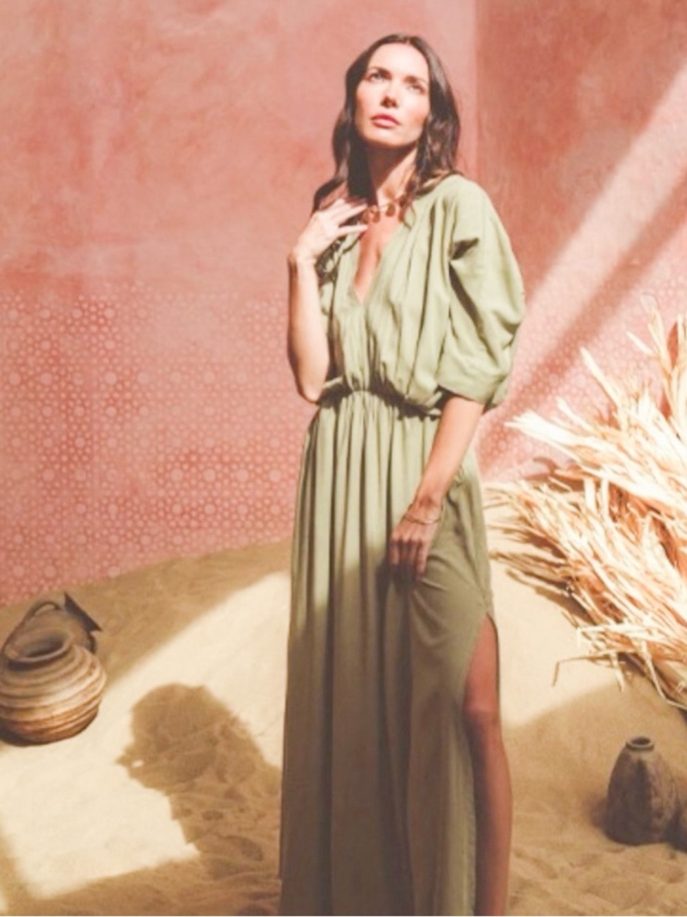 AURA THE LABEL Farah Maxi Dress Olive Taupe Gathered Waist Draped Flowy Sz XS